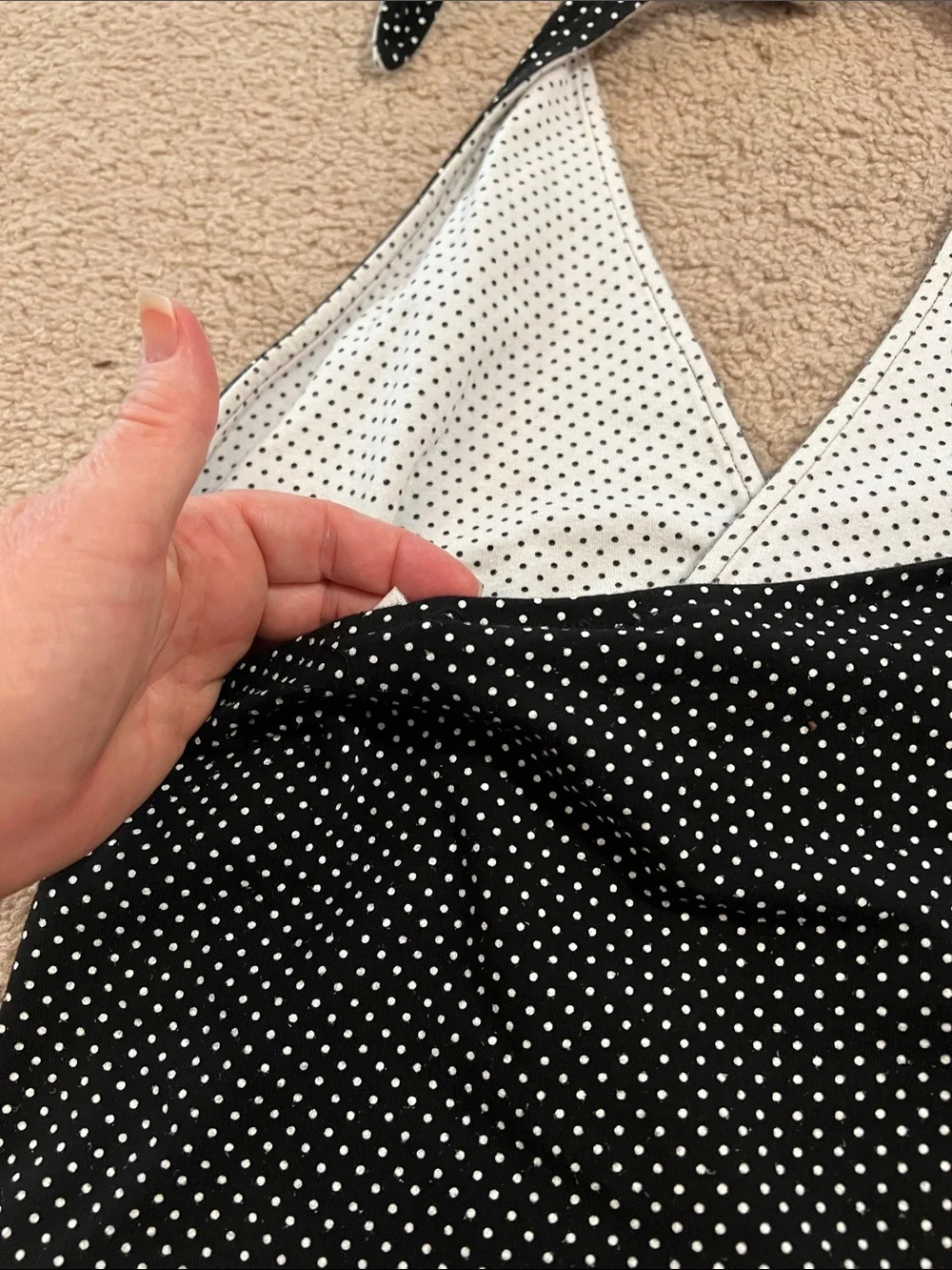 Energie Black Halter Tank Top with White Polka Dots